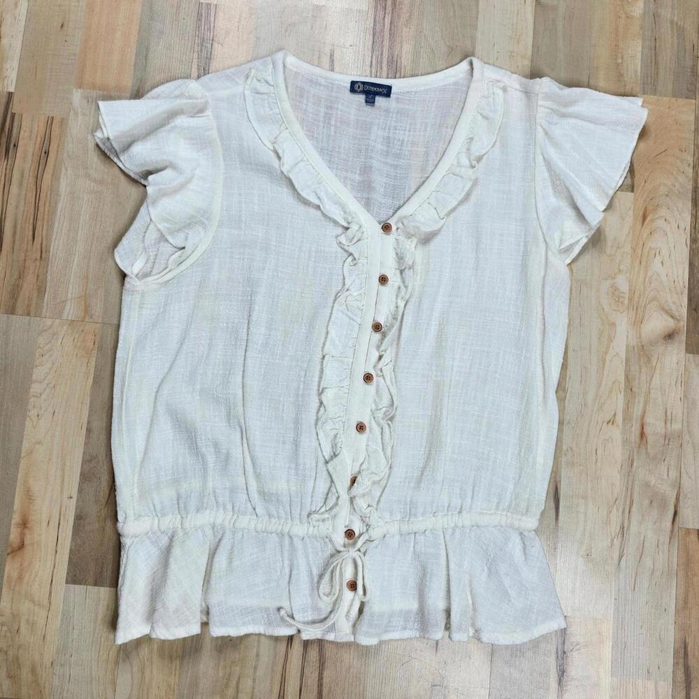Democracy Ruffle Blouse Peplum Top Button Front Short Sleeve White L